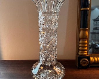 Antique Signed Libbey Cut Glass Vase 12” American Brilliant Period Crystal 1910