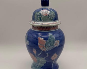 Jarrón de porcelana china vintage con forma de templo, 25 cm (10 pulgadas), azul, rosa, loto, mariposa, tapa.