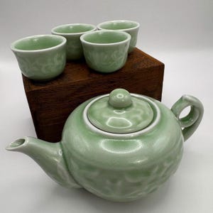 Vintage Celadon Green Tea Set Teapot & 4 Cups Embossed Floral Chinese Pottery