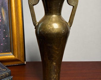 Vintage 15” Brass Neoclassical Amphora Vase Urn Ionic Volute Handles