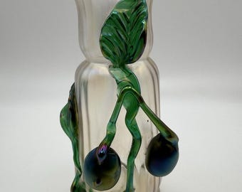 Antique Bohemian Kralik Iridescent Glass Applied Plum Vase