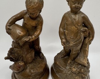 Pair of French Terracotta Putti Sculptures After Louis-Simon Boizot SIGNED
