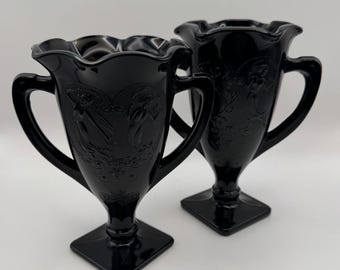1930’s Pair of L.E. Smith Black Amethyst Dancing Nymph Vases Gothic Halloween