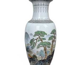 Large 18” Chinese Hand Painted Porcelain Landscape Vase Calligraphy Signed