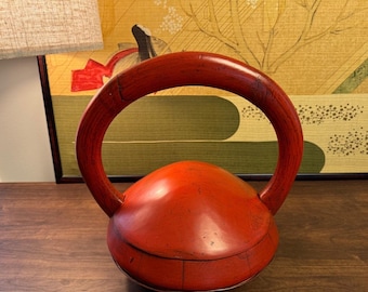 Antique Chinese Red Lacquer Wooden Carrying Basket w/ Lid Possibly Qing