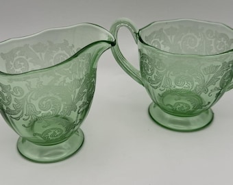 Very Rare Fostoria Acanthus Green Uranium Etched Depression Glass Footed Cream Sugar Set