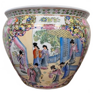 May include: A large, round ceramic fishbowl planter featuring a colorful hand-painted scene of figures in traditional attire within a garden setting. The exterior is decorated with floral patterns, butterflies, and gold accents.