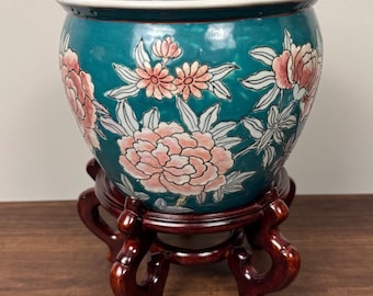 Vintage 8” Chinese Famille Rose Teal Porcelain Planter with Wood Stand