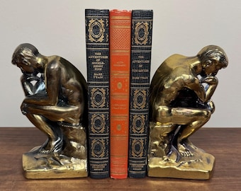 Vintage Pair of The Thinker Bookends Rodin Style 7” Cast Metal
