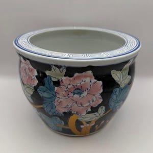 ヴィンテージ中国製磁器製植木鉢（牡丹柄、高さ8インチ、手描き）