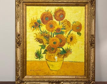 Vintage Signed S.Y. Lestat Van Gogh Sunflowers Oil Painting Reproduction 32”