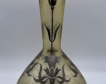 Antique Art Nouveau Jugendstil Loetz Style Etched Glass Vase w/ Silver Overlay