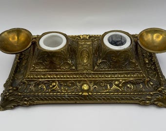 Rare Antique French Brass Double Inkwell w/ Original Porcelain Inserts, Déposé 9