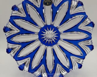 8” Bohemia Czech Cobalt Blue Cut to Clear Crystal Plate Charger Starburst