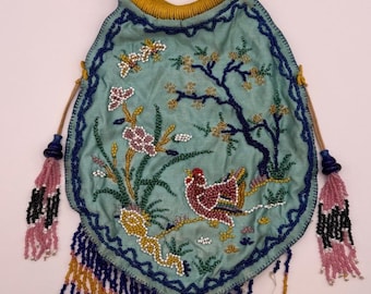 Antique Chinese Beaded Silk Purse with Peking Glass Handles c. 1910s–1920s