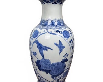Vintage Chinese Blue White Porcelain Vase Birds Flowers 14” Chinoiserie