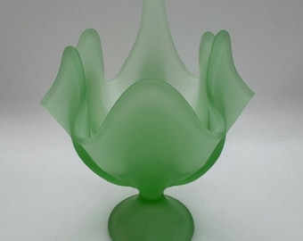 Rare Vintage Viking Glass Style 6 Finger Satin Green Pedestal Compote MCM 1960’s
