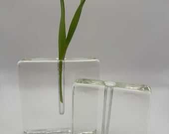 Vintage Scandinavian Style Clear Glass Block Bud Vases - Set of 2 Minimalist Single Stem