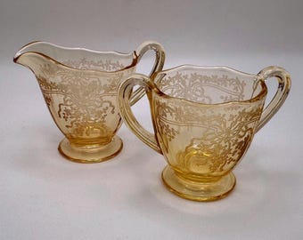 Fostoria June Topaz 1920’s Yellow Creamer & Sugar Bowl Set Etched Glass
