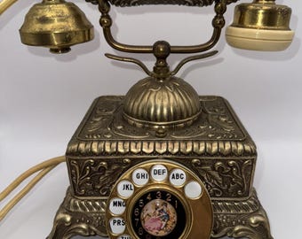 Telefono rotativo vintage in ottone, antico, stile vittoriano, telefono decorato, imperiale
