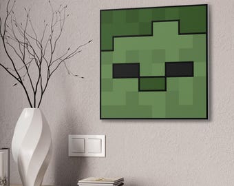 Arte de pared en lienzo: cabeza de zombi, regalo de Minecrafterer, arte infantil del juego, decoración del dormitorio, habitación infantil, MineC Art