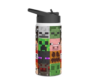 May include: A white and black water bottle featuring a repeating pattern of pixelated character faces from the video game Minecraft. The bottle has a black flip-top lid and is designed for hydration on the go.
