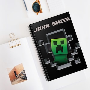 Personalized Name Notebook Journal, Custom Minecrafter Gift, School Supplies, Creeper Notebook, Kids Notebook, Spiral Notebook