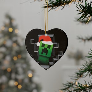 Ceramic Christmas Creeper Ornament- Christmas Decoration- Gift for Gamer- Minecrafterer Christmas Present- Santa Hat Creeper- Christmas Gift