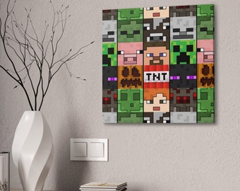 Arte de pared en lienzo con cabezas de mafiosos: regalo de Minecrafterer, arte infantil de juegos, decoración de dormitorio, habitación infantil, arte MineC
