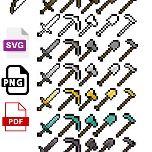 108 Total Mine Tool PNG- PDF- SVG files- Diamond- Iron- Netherite, Stone, Gold, Minecrafterer Tools