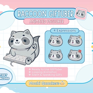 Raccoon GIFTuber for Streaming, 4 expressions! | Ready to Use Animated PNGTuber, Stream Pet, Twitch, YouTube, Vtuber, Raccoon Chibi, OBS