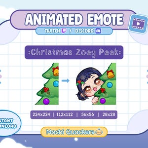 Może przedstawiać: Animowana grafika emotikonów dla Twitch i Discord, z projektem 'Christmas Zoey Peek'. Obraz przedstawia dziewczynę z kreskówki wyglądającą zza choinki, z opcjami rozmiaru.