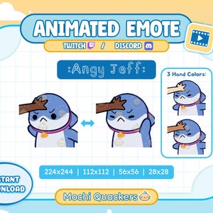 Puede incluir: Diseño de emote animado con un personaje azul con expresión de enfado, etiquetado ":Angy Jeff:". El diseño incluye diferentes tamaños y variaciones de color de manos. También se ve el texto "Animated Emote", "Twitch", "Discord" e "Instant Download".