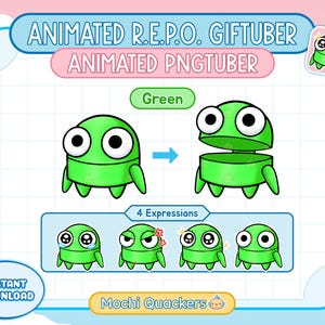May include: Animated GIF and PNG character of a green, cartoon frog with four different expressions. The frog is in a standing position with its mouth open. The text "Mochi Quackers" is below the image.