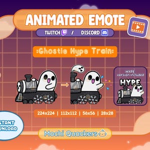 May include: Animated emote graphic of a ghost character on a train, labelled ':Ghostie Hype Train:'. Includes sizes 224x224, 112x112, 56x56, and 28x28. The text "HYPE version included" is also present. The graphic is for Twitch and Discord.