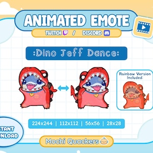 May include: Animated emote featuring a cartoon dinosaur character in a red costume, labeled ':Dino Jeff Dance:'. The image includes a rainbow version and various size options. Text includes 'Instant Download', 'Twitch', 'Discord', and 'Mochi Quackers'.