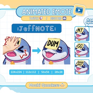 Jeff the Land Shark Animated Emote for Twitch Stream & Discord, 4 note options: DUM, GG, NT, Good Boi | Rivals Jeff Emotes Sticky Note