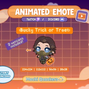 May include: Animated emote graphic for Twitch and Discord, featuring a cartoon character with the text "Bucky Trick or Treat." The image includes the text "2 versions included!" and various size options. The graphic has a Halloween theme.
