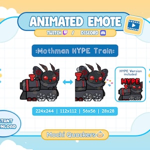 May include: Animated emote featuring a Mothman character as a train. The design includes a black train with red accents and a smiling Mothman face. The image includes the text "Mothman HYPE Train" and size dimensions.