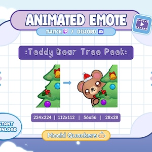 May include: Animated emote graphic featuring a teddy bear peeking from behind a Christmas tree. The image includes the text "ANIMATED EMOTE" and ":Teddy Bear Tree Peek:" with size dimensions. The graphic is designed for Twitch and Discord.