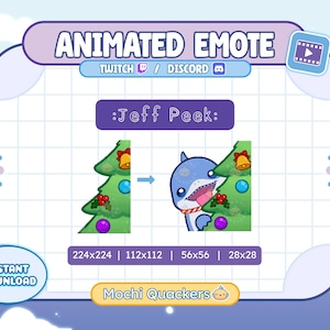 May include: Animated emote graphic for Twitch and Discord, featuring a shark with a Christmas tree. The text reads "Animated Emote", "Twitch / Discord", and ":Jeff Peek:". Includes size dimensions: 224x224, 112x112, 56x56, and 28x28 pixels. "Instant Download" text is also present.