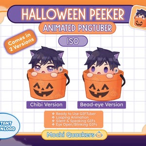 May include: Animated Halloween PNGtuber character peeking out of a jack-o'-lantern bucket. The character has black hair, blue eyes, and is wearing a white shirt. The image includes the text "Halloween Peeker", "Animated PNGtuber", "ISO", "Comes in 2 Versions", "Chibi Version", "Bead-eye Version", "Instant Download", and "Mochi Quackers".