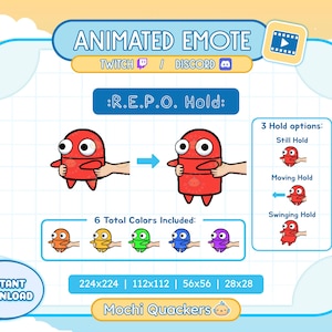 May include: Animated emote of a red cartoon character with large eyes and a wide smile. The character is holding its arms out and has a variety of animation options, including still, moving, and swinging. The emote is available in six different colours and in four different sizes: 224x224, 112x112, 56x56, and 28x28. The text ':R.E.P.O. Hold:' is displayed above the character.