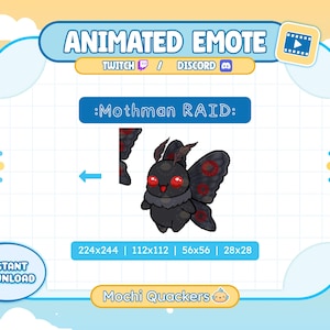 Op de afbeelding: Geanimeerde emote-afbeelding met een cartoonmot met rode ogen en vleugels met patronen. De tekst "Mothman RAID" wordt boven de afbeelding weergegeven. De afbeelding bevat de tekst "Animated Emote", "Twitch", "Discord" en "Instant Download".