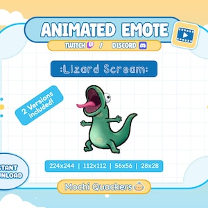 May include: Animated emote graphic featuring a green lizard with its mouth open and tongue sticking out. The text reads ":Lizard Scream:" and "2 Versions included!". The image is designed for Twitch and Discord, with various size options.