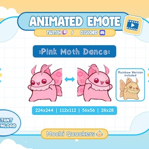 Op de afbeelding: Geanimeerde emote-afbeelding met een roze cartoonmot, getiteld ":Pink Moth Dance:". De afbeelding bevat een regenboogversie en maatopties. Tekst bevat "Instant Download" en "Mochi Quackers".
