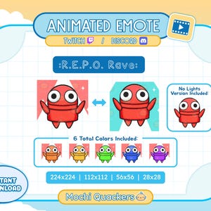 May include: Animated Twitch and Discord emote featuring a red cartoon character with large eyes and a mouth, labelled "R.E.P.O. Rave". The emote comes in six different colour variations and includes a version without lights. The image also shows the different sizes available: 224x224, 112x112, 56x56, and 28x28.