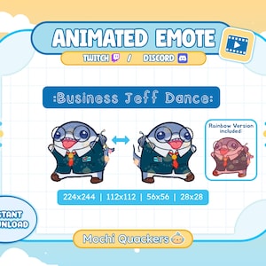 Puede incluir: Emoticón animado de "Business Jeff" con traje y corbata, con versión arcoíris incluida. El texto "Animated Emote" y "Descarga instantánea" están presentes. Tamaños: 224x244, 112x112, 56x56, 28x28 píxeles.