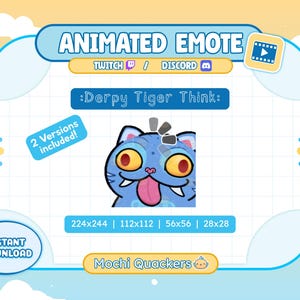 Puede incluir: Gráfico de emote animado con un personaje de gato azul etiquetado ":Derpy Tiger Think:". La imagen incluye texto que indica compatibilidad con Twitch y Discord, y varias opciones de tamaño. También está presente la frase "Descarga instantánea".