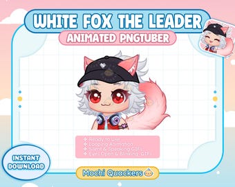 May include: An animated PNGtuber character titled White Fox The Leader featuring a white-haired fox with red eyes, wearing a black cap and headphones. The graphic includes text labels for Ready to Use, Looping Animation, Silent & Speaking GIFs.